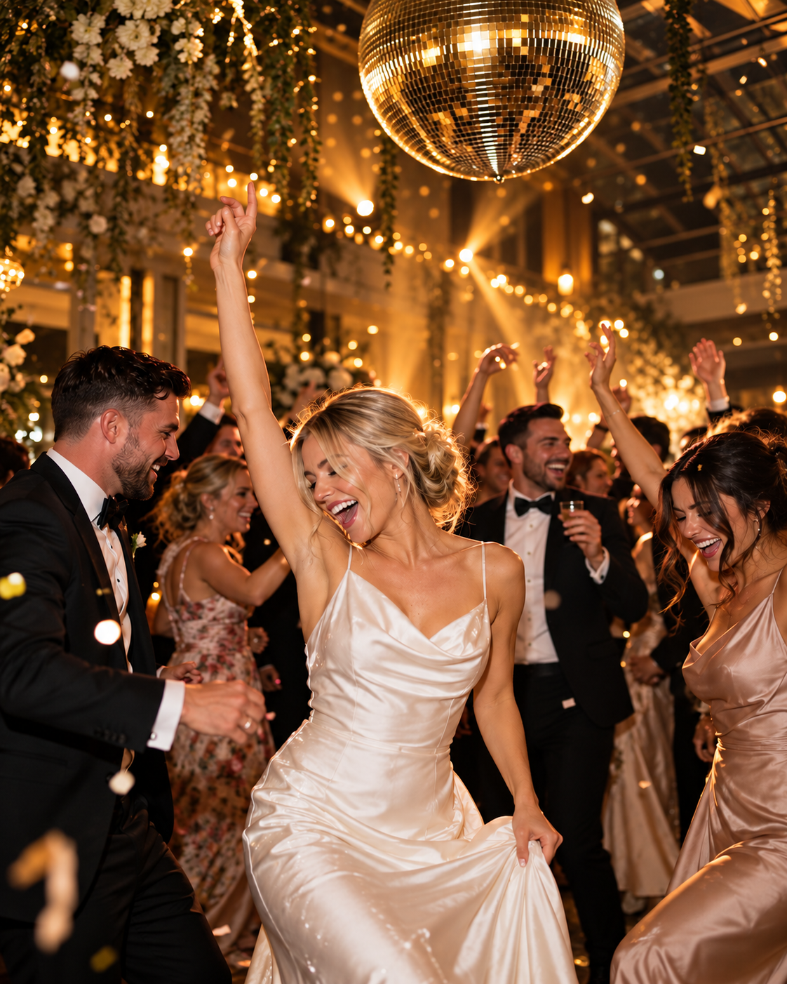 Celebration inspiration: guests dancing beneath a disco ball and warm lights